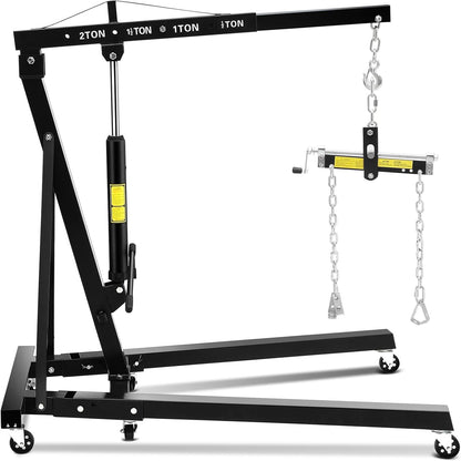 2-Ton Folding Hydraulic Engine Hoist with Lever, 4400 LBS Portable Engine Shop Crane with 6 Casters & Telescopic Boom, Foldable Cherry Picker Lift for Garage, Workshop, Warehouse, Heavy-Duty, Black