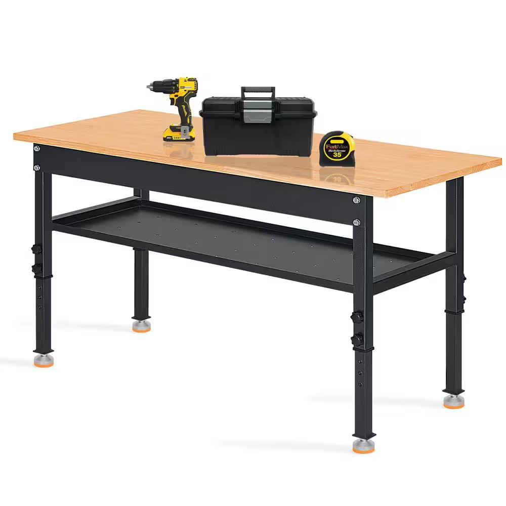 48 In. W X 24 In. D Heavy-Duty Work Bench Adjustable Work Bench Work Table, Solid Wood Top with Foot Pads and Partition