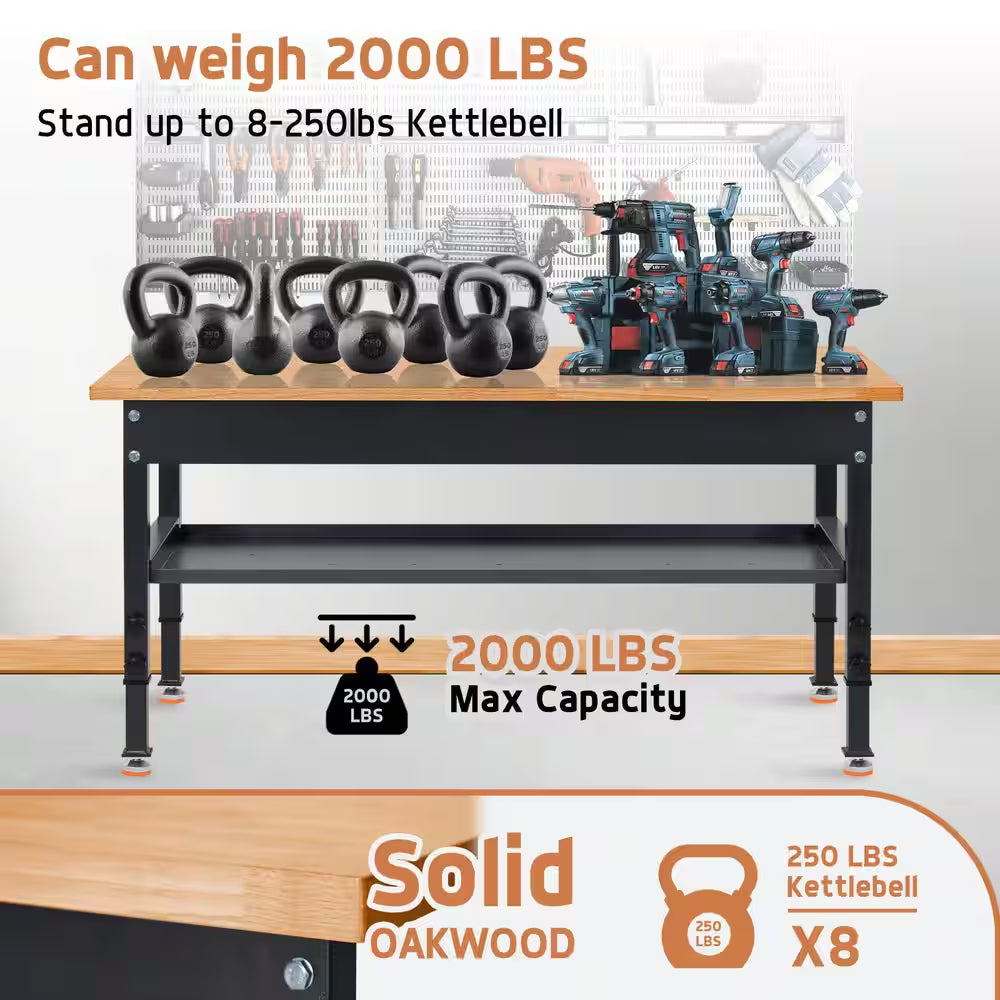 48 In. W X 24 In. D Heavy-Duty Work Bench Adjustable Work Bench Work Table, Solid Wood Top with Foot Pads and Partition