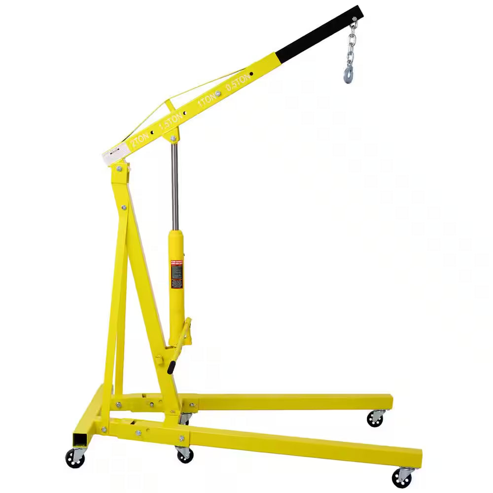 2 Ton Folding Engine Hoist Cherry Picker Shop Crane Hoist Lift, Heavy-Duty Steel with 6 Iron Caster Wheels in Yellow