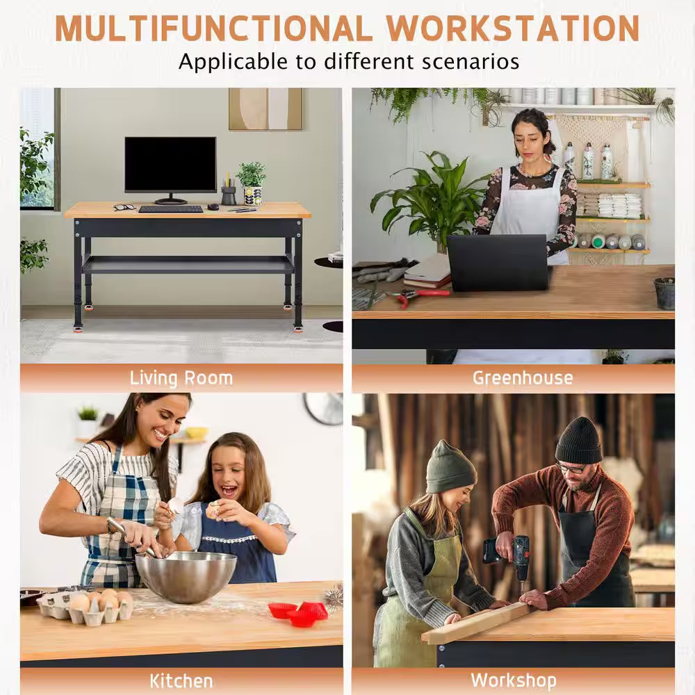 48 In. W X 24 In. D Heavy-Duty Work Bench Adjustable Work Bench Work Table, Solid Wood Top with Foot Pads and Partition