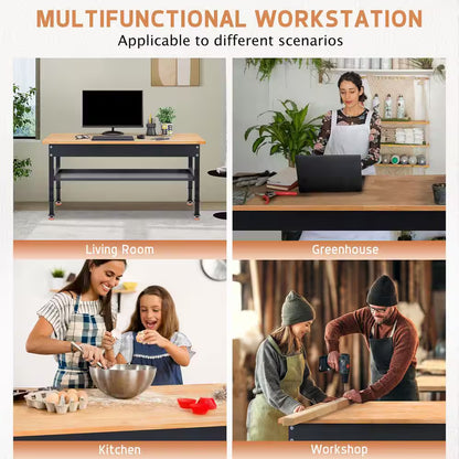 48 In. W X 24 In. D Heavy-Duty Work Bench Adjustable Work Bench Work Table, Solid Wood Top with Foot Pads and Partition