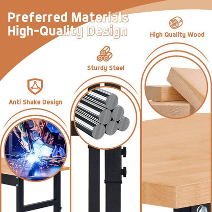 70 In. W X 21 In. D Heavy-Duty Work Bench Adjustable Work Bench Work Table, Solid Wood Top with Power Outlets and Wheels