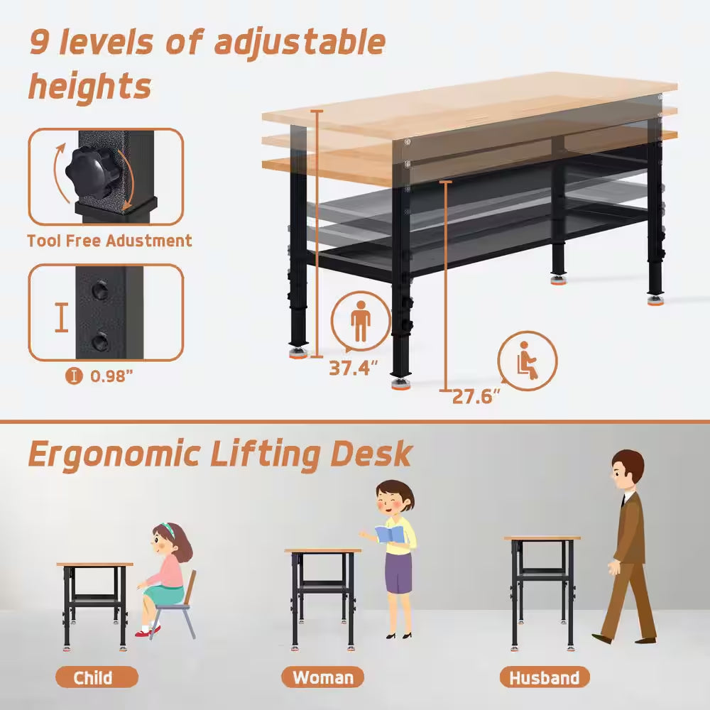 48 In. W X 24 In. D Heavy-Duty Work Bench Adjustable Work Bench Work Table, Solid Wood Top with Foot Pads and Partition