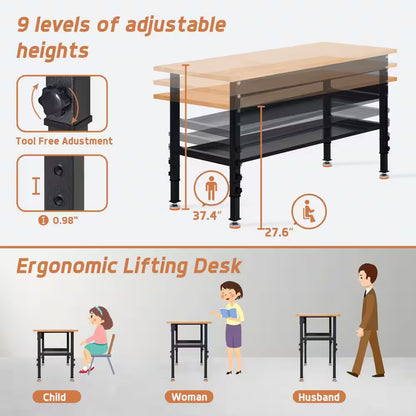 48 In. W X 24 In. D Heavy-Duty Work Bench Adjustable Work Bench Work Table, Solid Wood Top with Foot Pads and Partition