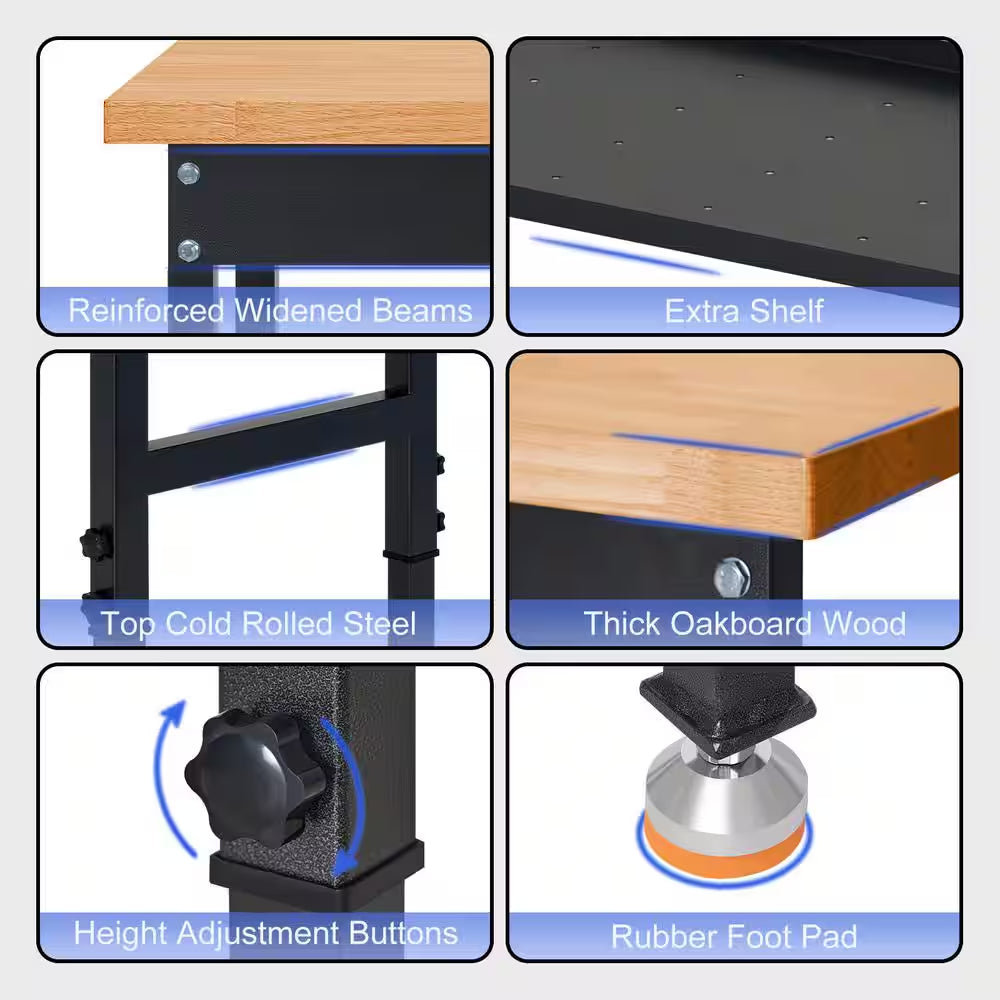 48 In. W X 24 In. D Heavy-Duty Work Bench Adjustable Work Bench Work Table, Solid Wood Top with Foot Pads and Partition