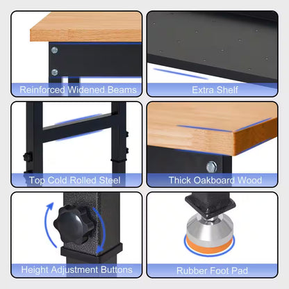 48 In. W X 24 In. D Heavy-Duty Work Bench Adjustable Work Bench Work Table, Solid Wood Top with Foot Pads and Partition