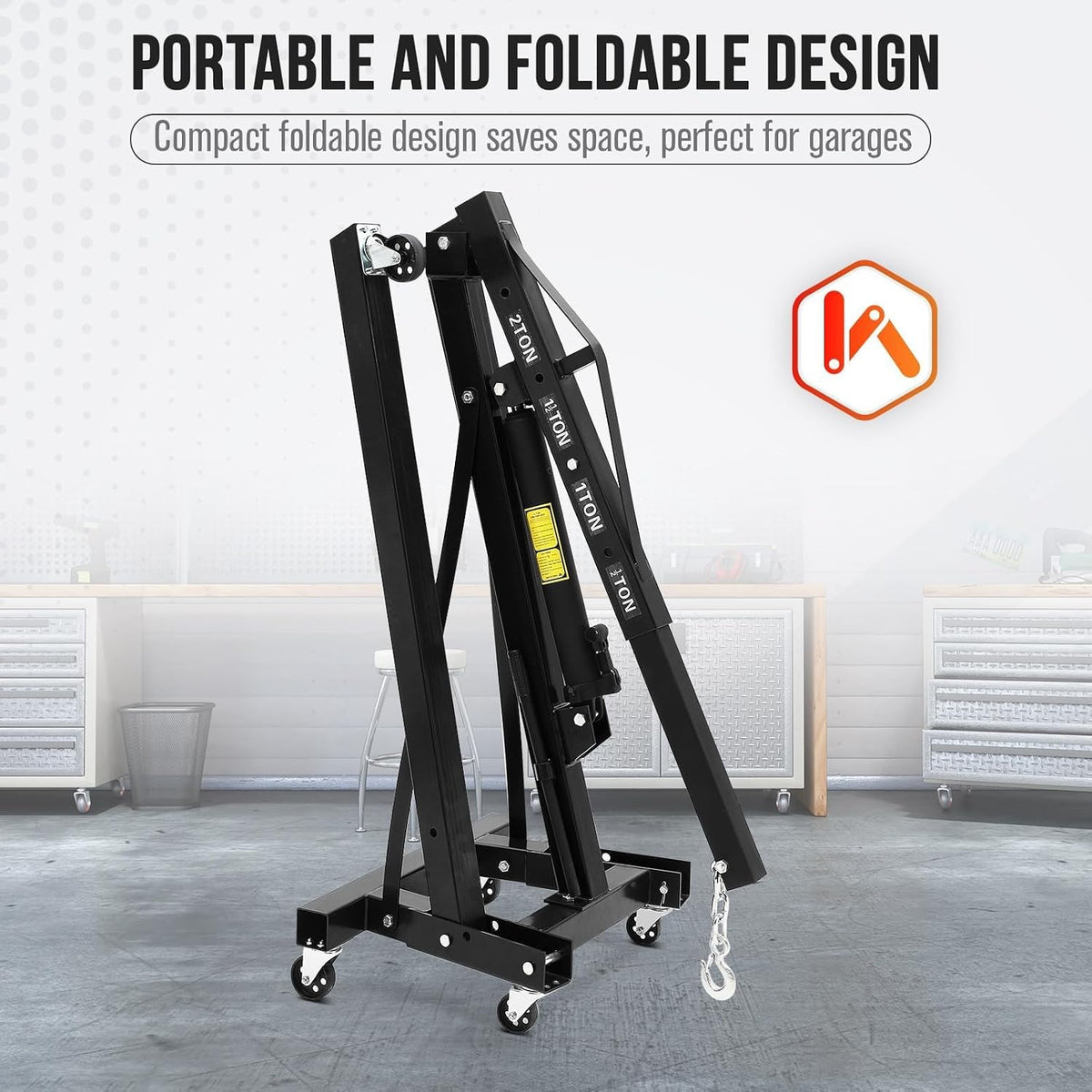 2-Ton Folding Hydraulic Engine Hoist with Lever, 4400 LBS Portable Engine Shop Crane with 6 Casters & Telescopic Boom, Foldable Cherry Picker Lift for Garage, Workshop, Warehouse, Heavy-Duty, Black
