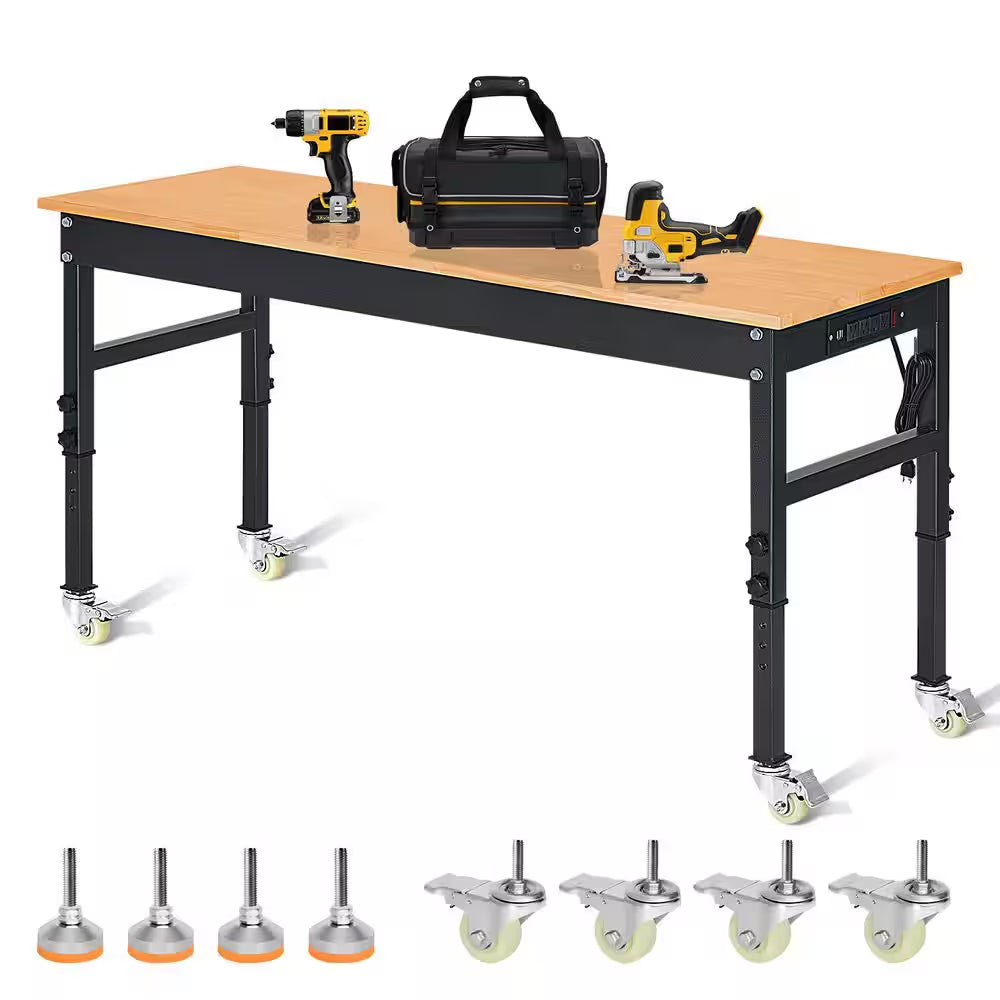 70 In. W X 21 In. D Heavy-Duty Work Bench Adjustable Work Bench Work Table, Solid Wood Top with Power Outlets and Wheels