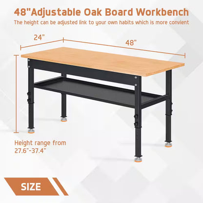 48 In. W X 24 In. D Heavy-Duty Work Bench Adjustable Work Bench Work Table, Solid Wood Top with Foot Pads and Partition