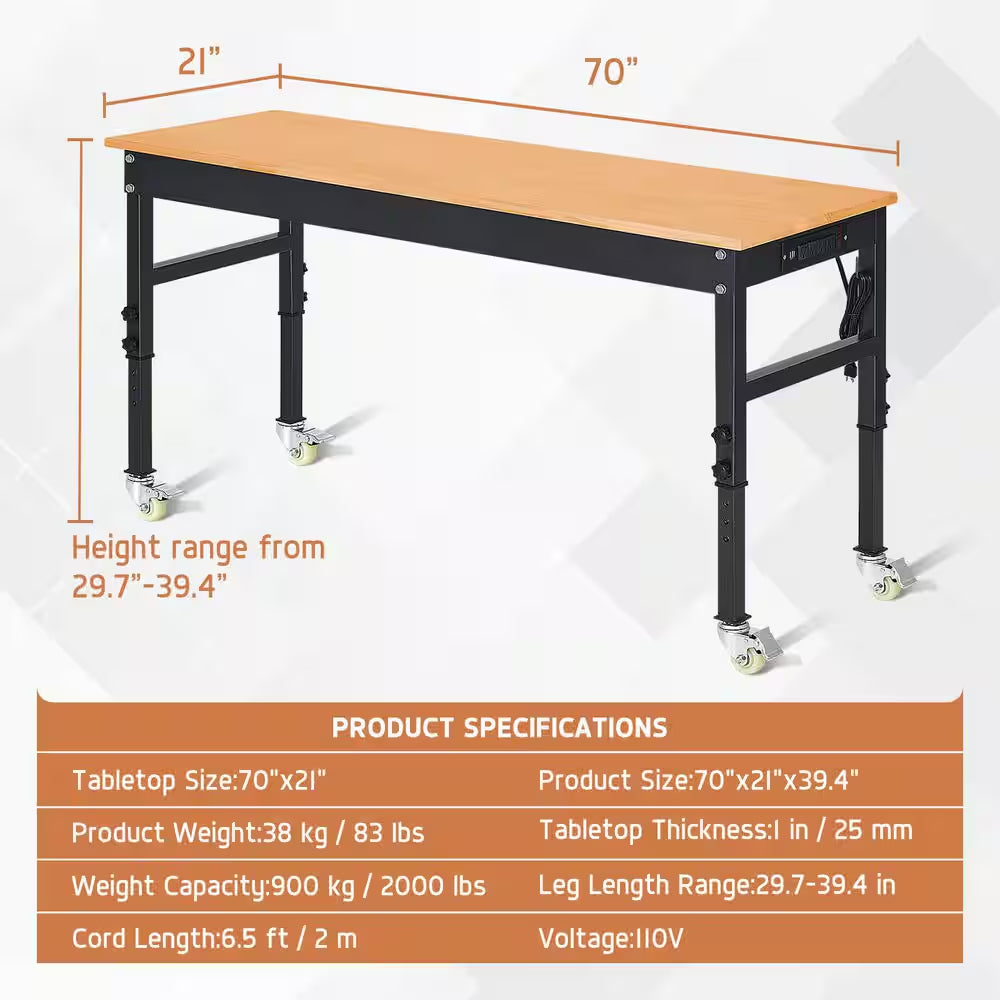 70 In. W X 21 In. D Heavy-Duty Work Bench Adjustable Work Bench Work Table, Solid Wood Top with Power Outlets and Wheels