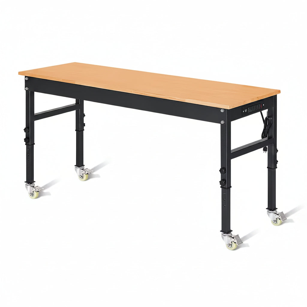 70 In. W X 21 In. D Heavy-Duty Work Bench Adjustable Work Bench Work Table, Solid Wood Top with Power Outlets and Wheels