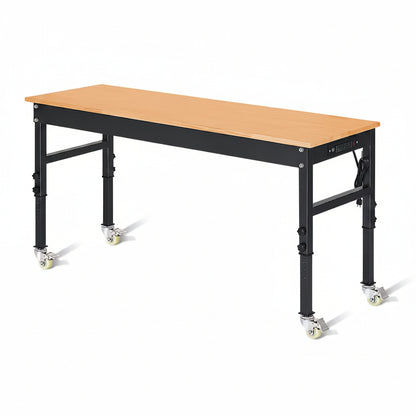 70 In. W X 21 In. D Heavy-Duty Work Bench Adjustable Work Bench Work Table, Solid Wood Top with Power Outlets and Wheels