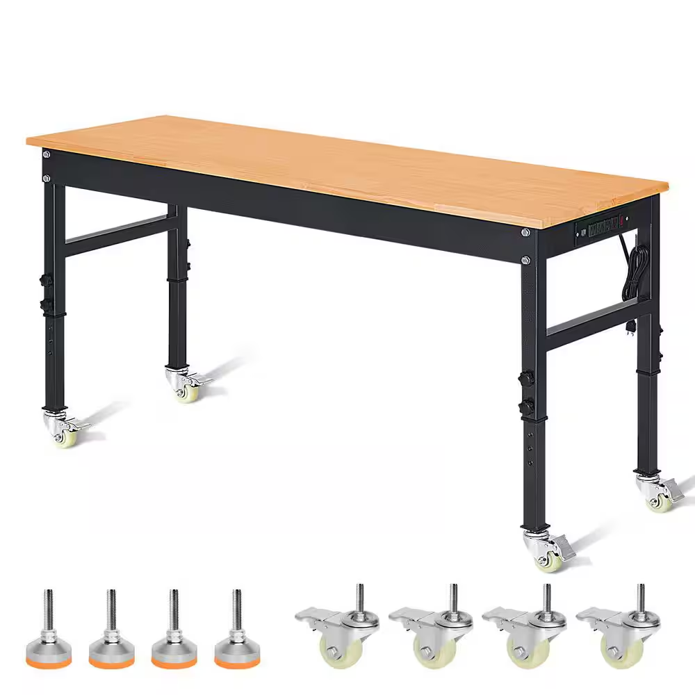 70 In. W X 21 In. D Heavy-Duty Work Bench Adjustable Work Bench Work Table, Solid Wood Top with Power Outlets and Wheels