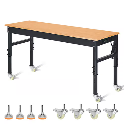 70 In. W X 21 In. D Heavy-Duty Work Bench Adjustable Work Bench Work Table, Solid Wood Top with Power Outlets and Wheels
