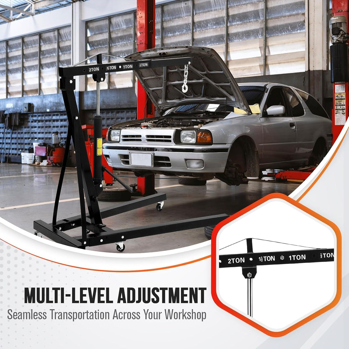 2-Ton Folding Hydraulic Engine Hoist with Lever, 4400 LBS Portable Engine Shop Crane with 6 Casters & Telescopic Boom, Foldable Cherry Picker Lift for Garage, Workshop, Warehouse, Heavy-Duty, Black