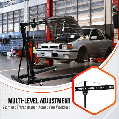 2-Ton Folding Hydraulic Engine Hoist with Lever, 4400 LBS Portable Engine Shop Crane with 6 Casters & Telescopic Boom, Foldable Cherry Picker Lift for Garage, Workshop, Warehouse, Heavy-Duty, Black