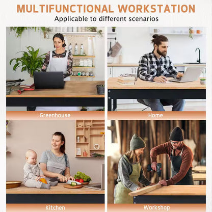 70 In. W X 21 In. D Heavy-Duty Work Bench Adjustable Work Bench Work Table, Solid Wood Top with Power Outlets and Wheels