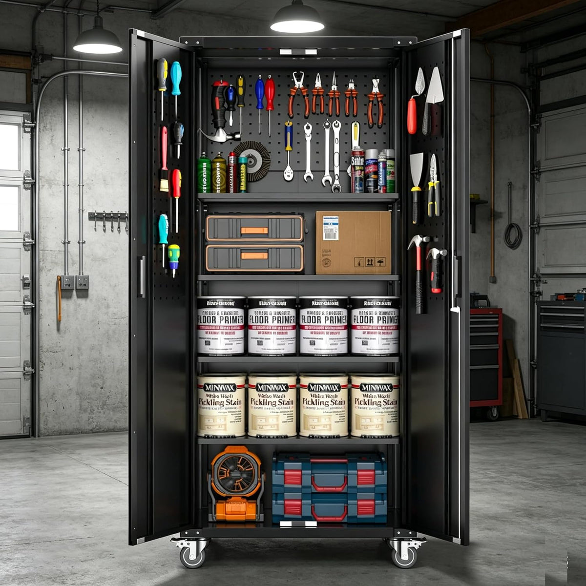 Metal Garage Storage Cabinet with Doors and Wheels, 72" High Lockable Storage Cabinet with 4 Adjustable Shelves and Pegboard, for Garage Workshop Home Office