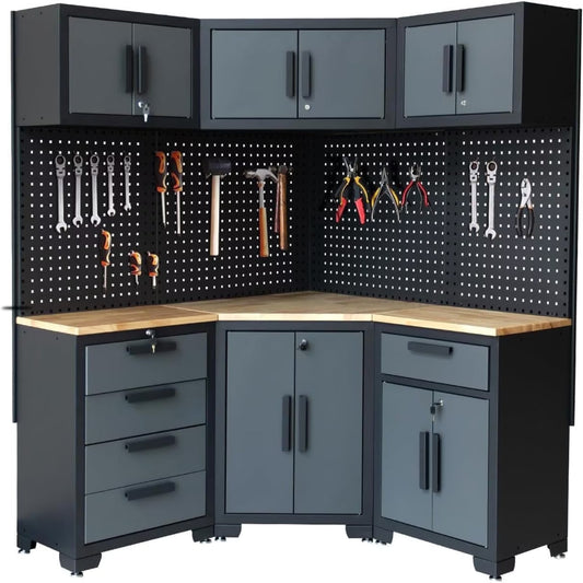 Garage Storage Cabinet System 8-Pcs Garage Cabinets and Storage System Corner Workshop Set with Corner Cabinet, Cabinet Drawers, Workbench, Pegboard for Tool Organization, Black and Grey