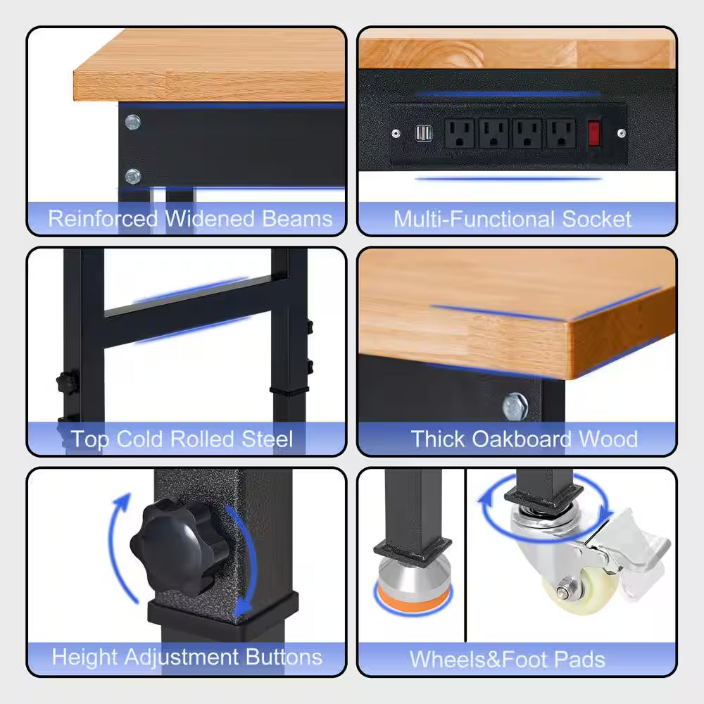 70 In. W X 21 In. D Heavy-Duty Work Bench Adjustable Work Bench Work Table, Solid Wood Top with Power Outlets and Wheels