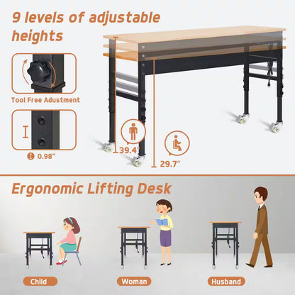 70 In. W X 21 In. D Heavy-Duty Work Bench Adjustable Work Bench Work Table, Solid Wood Top with Power Outlets and Wheels
