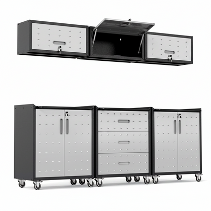 Garage Cabinet System | Heavy Duty Steel All-In-One Modular Garage Cabinet Set for Ultimate Workshop Organization | Easy Assembly Garage Storage Cabinets & Tool Bench